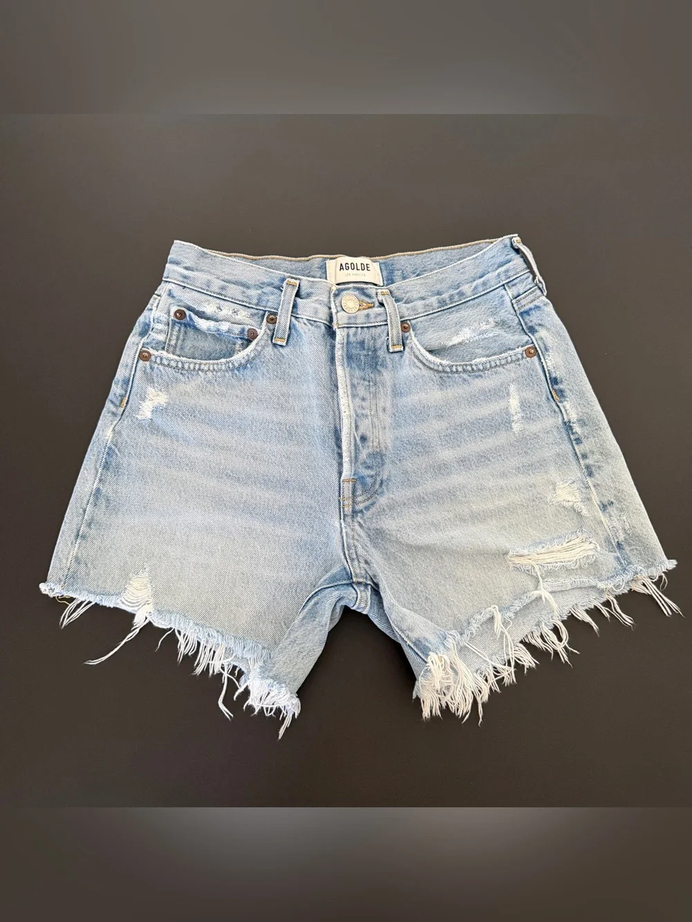 AGOLDE Parker Long Light Wash Distressed High-Rise Denim Shorts